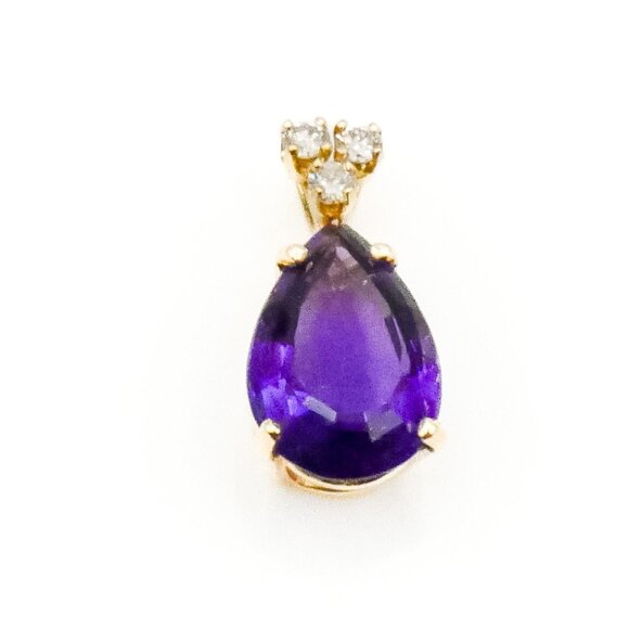 Vintage 14K Yellow Gold Pear Shaped Amethyst And Diamond Pendant - Picture 1 of 3